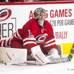 Cam Ward uses pride tape on his stick during warmups. February 24, 2017. You Can Play Night, Carolina Hurricanes vs. Ottawa Senators, PNC Arena, Raleigh, NC. Copyright © 2017 Jamie Kellner. All Rights Reserved.