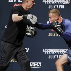 Justin Gaethje throws a right hand during UFC 213 open workouts Wednesday at the Park Theater in Las Vegas, Nevada.