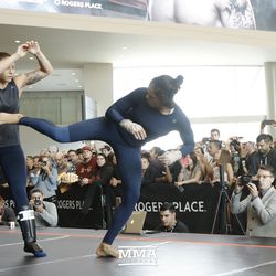 Amanda Nunes kicks to the body at UFC 215 open workouts at the Rogers Place in Edmonton, Alberta, Canada.