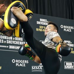 Ray Borg kicks high at UFC 215 open workouts at the Rogers Place in Edmonton, Alberta, Canada.