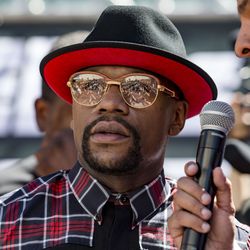 Floyd Mayweather answers questions Tuesday.
