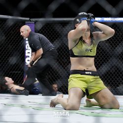 Ketlen Vieira celebrates her win at UFC 215.