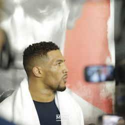 Kevin Lee talks to the media during the UFC 216 open workouts Thursday at T-Mobile Arena in Las Vegas.