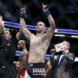 Volkan Oezdemir celebrates the win at UFC 214.