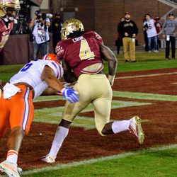 This is not a good photo. But this is Jr. RB Dalvin Cook’s last TD in Doak =(. 