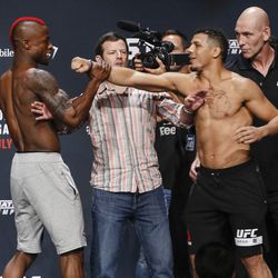 Marc Diakiese and Drakkar Klose get heated at the TUF 25 Finale ceremonial weigh-ins Thursday at Park Theater in Las Vegas.