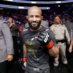 Demetrious Johnson poses after his UFC 216 win.