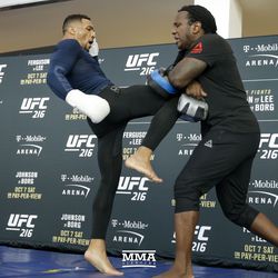 Kevin Lee throws a knee during the UFC 216 open workouts Thursday at T-Mobile Arena in Las Vegas.