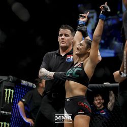 Cynthia Cavillo is announced the winner at UFC Fight Night 113 on Sunday at the The SSE Hydro in Glasgow, Scotland.