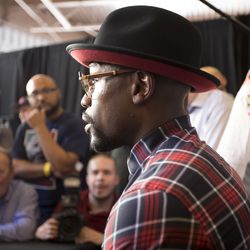 Floyd Mayweather answers questions Tuesday.