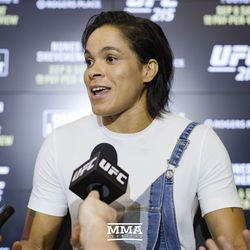 Amanda Nunes fields questions at UFC 215 media day at the Rogers Place in Edmonton, Alberta, Canada.