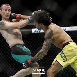 Alexandre Pantoja smacks Neil Seery at UFC Fight Night 113 on Sunday at the The SSE Hydro in Glasgow, Scotland.