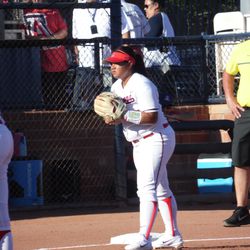 Katiyana Mauga gets ready to field at third base
