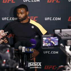 Tyron Woodley answers media questions.