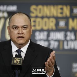 Scott Coker speaks to the media at the Bellator MMA press conference.