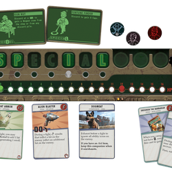 The character sideboard from the <em>Fallout</em> board game. Note the hidden influence card to the right.