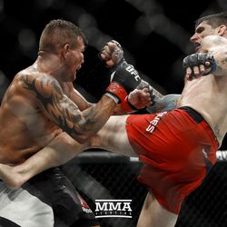 Ryan Janes kicks Jack Marshman at UFC Fight Night 113 on Sunday at the The SSE Hydro in Glasgow, Scotland.