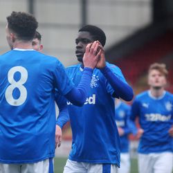 Jordan Gibson celebrates with goalscorer Serge Atayaki in Rangers’ 3-2 win Over Partick Thistle<br>