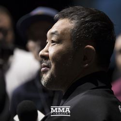 Kazushi Sakuraba speaks to the media after the 2017 UFC Hall of Fame ceremony in Las Vegas.