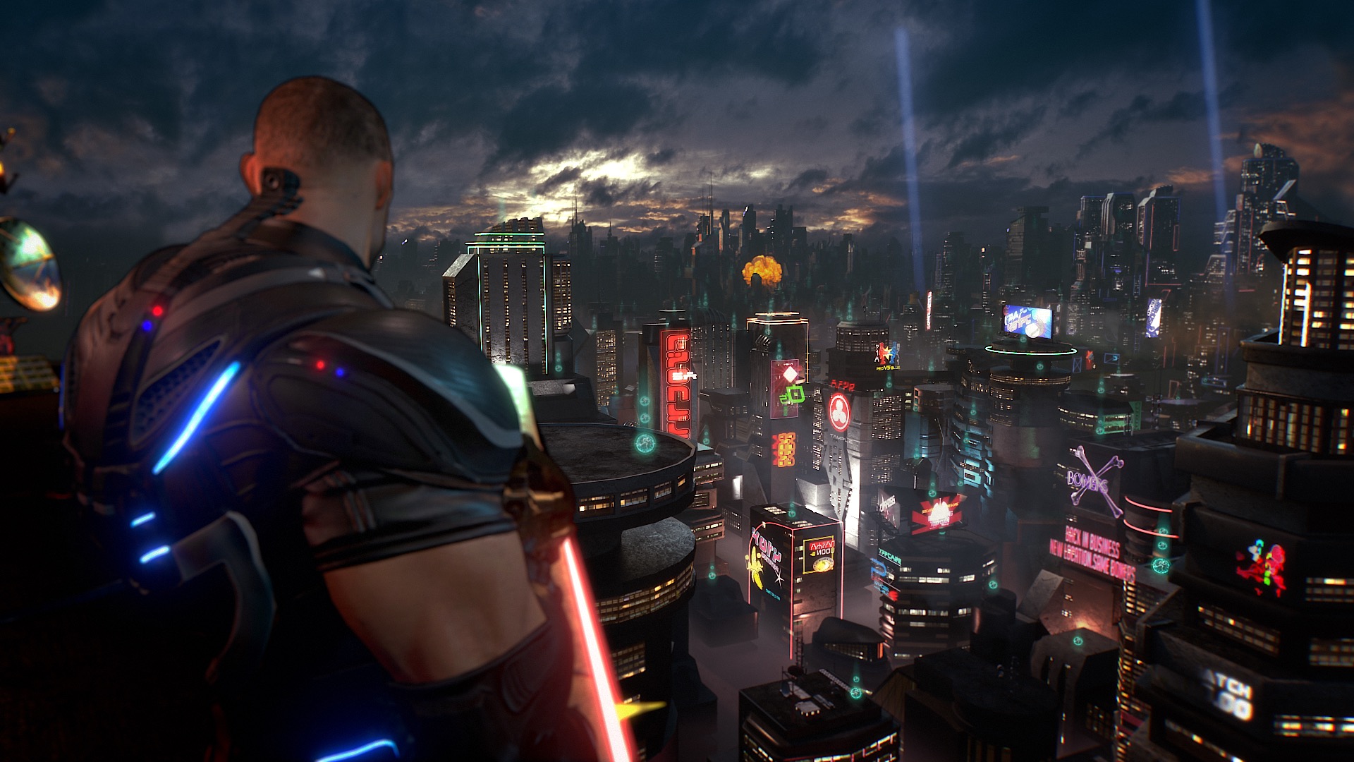 A character in Crackdown 3 overlooks the city